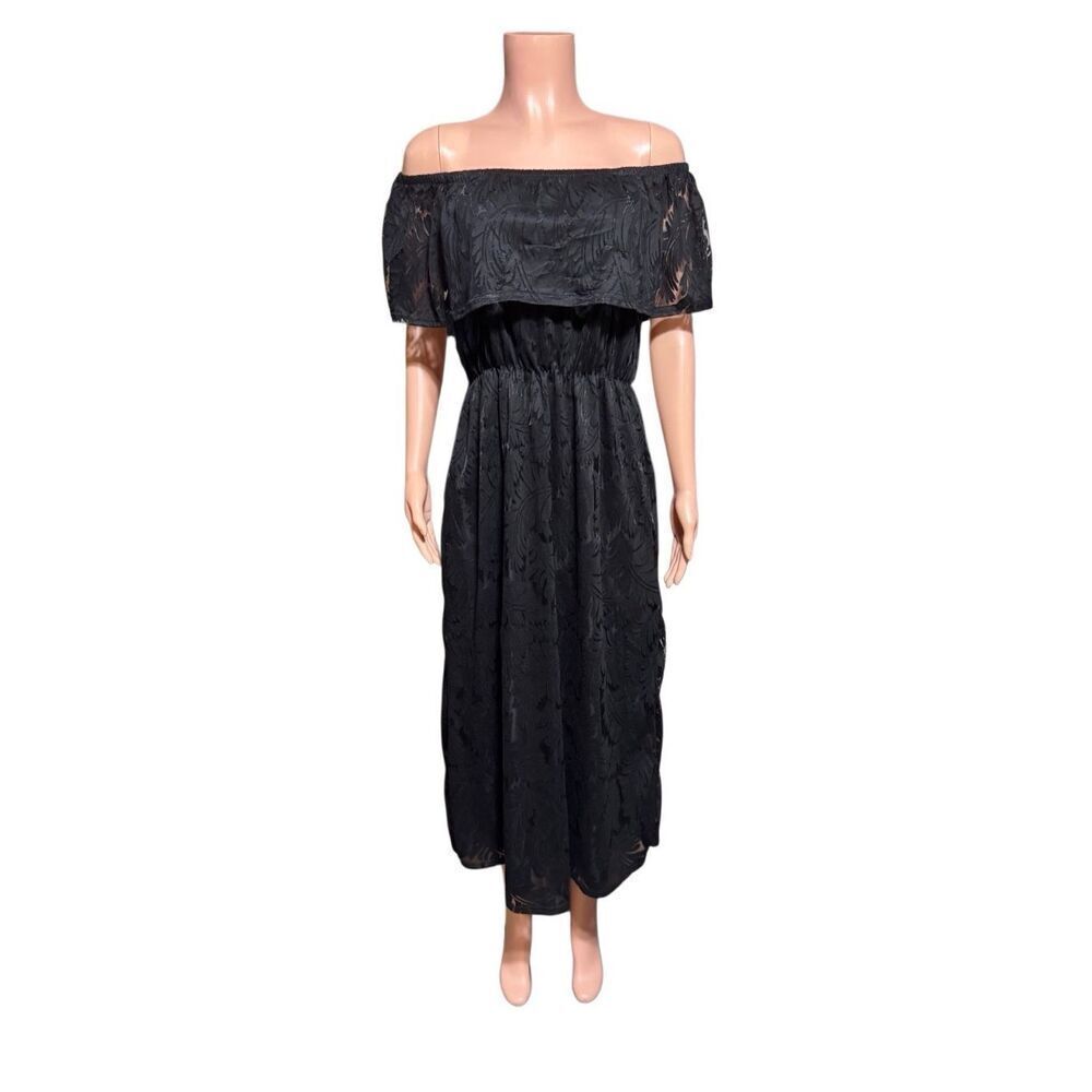 Sirenlily womens short sleeve off the shoulder black maxi dress S